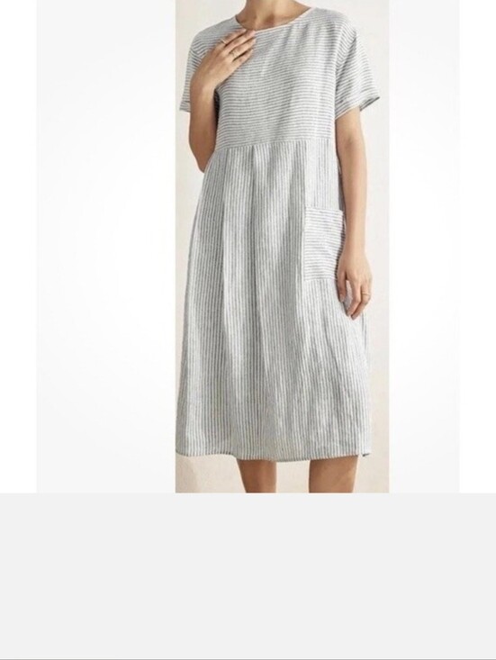Lintico Dresses & Skirts - Lintico Linen Pinstripe Paneled Short Sleeved Dress Blue Lagenloook Morgan M